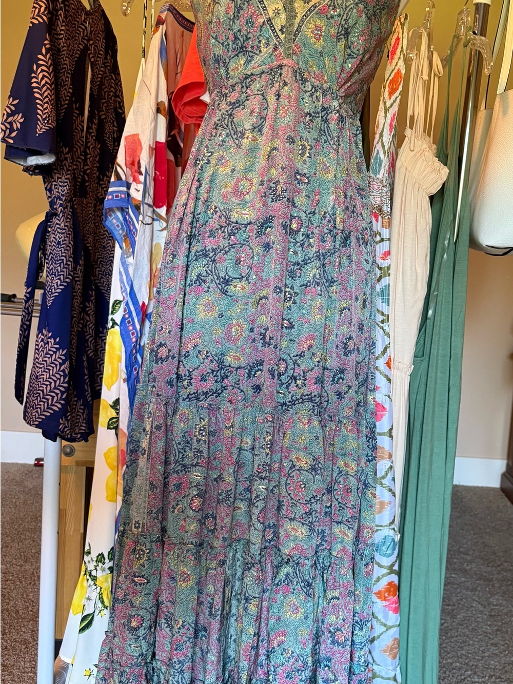 Floral Tiered Maxi Dress in Teal and Pink